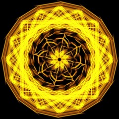 Canvas Print - Modern futuristic glowing golden yellow geometrical floral pattern design in mandala circular style on black background 