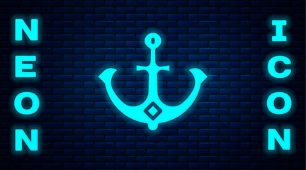 Wall Mural - Glowing neon Anchor icon isolated on brick wall background. Vector