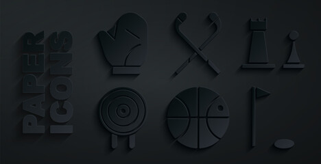 Poster - Set Basketball ball, Chess, Target sport, Golf flag, Ice hockey sticks and Baseball glove icon. Vector