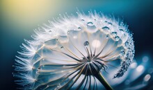  A Dandelion With Drops Of Water On It's Top And A Blue Background With A Blurry Light In The Middle Of It.  Generative Ai