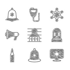 Canvas Print - Set Suspect criminal, British police helmet, Hexagram sheriff, Flasher siren, Bullet, Megaphone, and icon. Vector