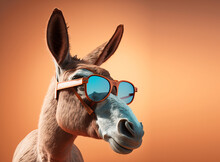 Creative Animal Composition. Donkey Mule Wearing Shades Sunglass Eyeglass Isolated. Pastel Gradient Background. With Text Copy Space.	
