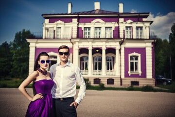 Wall Mural - Concept of wealth and success. Couple of rich and good-looking young people in front of their mansion