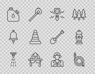 Wall Mural - Set line Fire sprinkler, hose reel, Electricity spark, Firefighter helmet, Canister fuel, Traffic cone, and hydrant icon. Vector