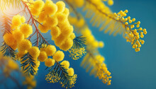 Close Up Of Bright Yellow Mimosa Flowers On The Background Of The Sky In Sun Light. Ai Generated