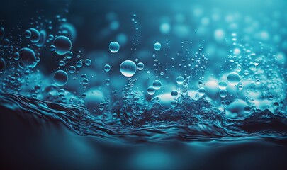  a close up of water bubbles on a glass surface with a dark background and blue hues to the left of the image, with a blue hue.  generative ai