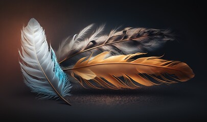  a close up of two feathers on a black background with a blurry back ground and a red light in the middle of the image.  generative ai