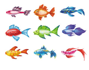 Wall Mural - Colored cute sea fish.  cartoon set of freshwater
  aquarium characters isolated on white background. Varieties of decorative underwater  popular colored fish for print, children development
