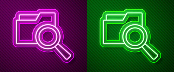 Poster - Glowing neon line Search concept with folder icon isolated on purple and green background. Magnifying glass and document. Data and information sign. Vector