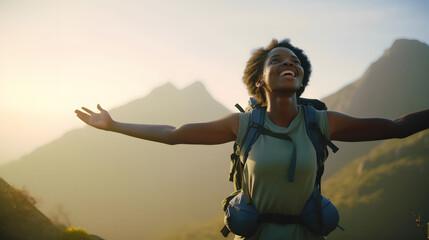 Wall Mural - Afro-descendant woman on top of a mountain, with her arms outstretched in triumph