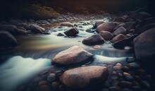  A Stream Of Water Running Between Rocks In A Forest At Night With The Sun Shining On The Rocks And The Water Flowing Over The Rocks.  Generative Ai