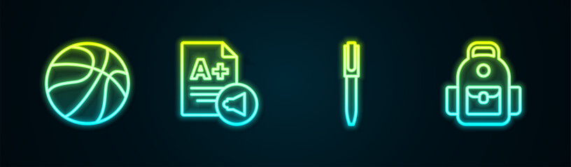 Poster - Set line Basketball ball, Exam sheet with A plus grade, Pen and School backpack. Glowing neon icon. Vector