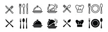 Fork, Spoon, Knife, Plate, Chef Hat, And Cloche Or Tray Icon. Cutlery Icon Set In Line And Flat Style. Dinnerware Icon Symbol. Restaurant Sign And Symbol. Vector Illustration