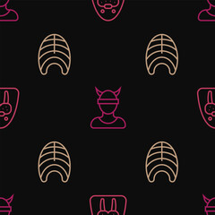 Canvas Print - Set line Walrus animal, Fish steak and Viking head on seamless pattern. Vector