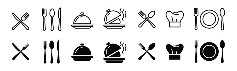 fork, spoon, knife, plate, chef hat, and cloche or tray icon. cutlery icon set in line and flat styl
