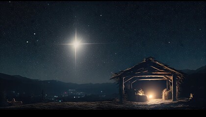 Wall Mural - the star shines over the manger of christmas of jesus christ. concept. generative ai.
