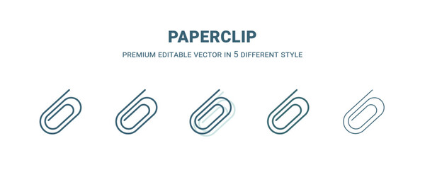 paperclip icon in 5 different style. Outline, filled, two color, thin paperclip icon isolated on white background. Editable vector can be used web and mobile