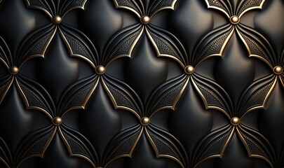 Wall Mural -  a black and gold wallpaper with an intricate design on the side of the wall and gold accents on the top of the wall and bottom half of the wall.  generative ai