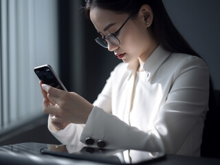 Beautiful attractive successful businesswoman/scientist chat in smartphone in office generative AI