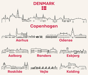 Fototapete - Denmark cities outline skylines vector set