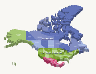 Wall Mural - united states, canada and mexico 3d (isometric) colorful map with states borders and names