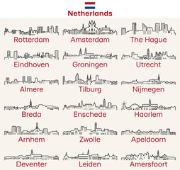 Fototapete - Netherlands cities outline skylines vector set