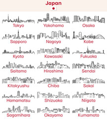 Fototapete - Japaese cities outline skylines vector set