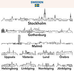 Fototapete - Sweden cities outline skylines vector set