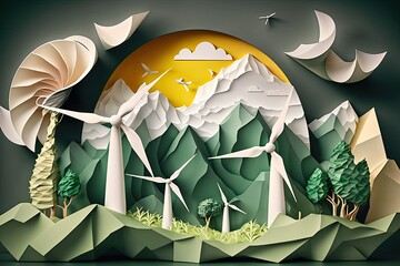 Paper art , renewable energy with green energy as wind turbines Generate Ai