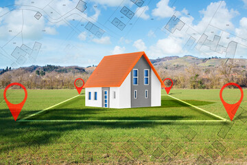 Land plot management - real estate concept with a vacant land parcel available for building construction - housing concept with a home model