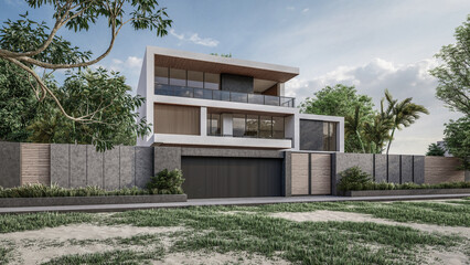 Wall Mural - Architecture 3d rendering illustration of modern minimal house with natural landscape and walkway 