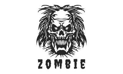 Wall Mural - Vector logo. Black and white scary horrible skeleton zombie head. Isolated background. Emblem, sticker or icon.