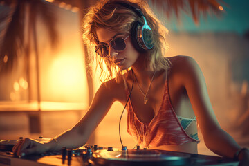 Wall Mural - Attractive DJ girl at the  hot dance beach party. DJ console turntable, headphones. Evening sunset light. Palm trees on background. Hot summer vacation nightlife.	
