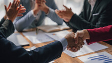 Shaking Hands, Team Of Lawyers And Tax Auditors Brainstorming Together And Calculating The Balance Sheet And Historical Financial Accounts Of The Company And Shareholders.