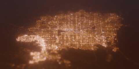 Street lights map of Las Vegas (Nevada, USA) with tilt-shift effect, view from east. Imitation of macro shot with blurred background. 3d render, selective focus