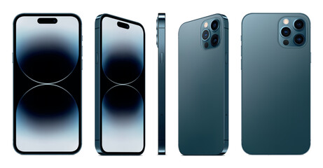Poster - new smartphone frameless blue color with colored screen saver front and backside view isolated on white background. mockup of realistic new mobile phone with shadow. vector 3d isometric illustration