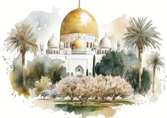 bold watercolor painting of a mosque design
