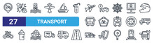 Set Of 27 Thin Line Transport Icons Such As Heavy Vehicles Not Allowed, Seatbelt, Ferry Carrying Cars, Car Parking, Ecological Bicycle Transport, Babysitter, Bobsleigh, Car Repair Vector Icons For
