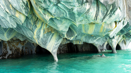 Wall Mural - Close up of Marble Caves (Marble Cathedral), Puerto Rio Tranquilo, Aysen, Chile. The Marble Caves is a 6,000-year-old sculpture hewn by the crashing waves of Lake General Carrera of Patagonia.