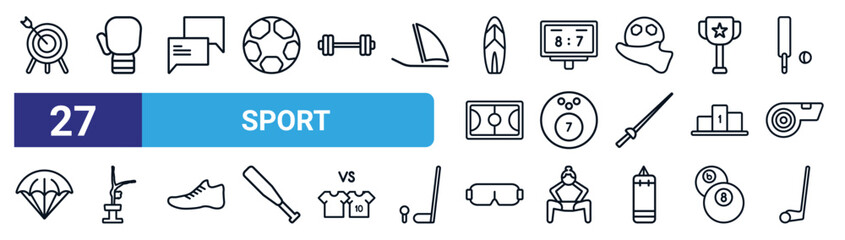 Poster - set of 27 thin line sport icons such as archery, kickboxing, commentator, scoreboard, ball, tumbling