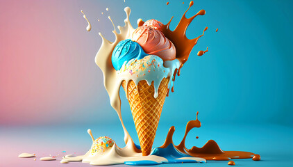 This illustration depicts a melting ice cream cone in a variety of vibrant colors, creating a deliciously drippy effect. The playful and whimsical design. Generative ai technology