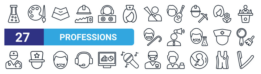 Poster - set of 27 thin line professions icons such as chemist, artist, air hostess, musician, marketing mana