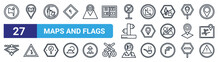Set Of 27 Thin Line Maps And Flags Icons Such As Flag, Reading Zone, Use Dust Bin, Rock Landslide Safety, Locato, Electrocutation Danger, Maps And Flags, Caution Vector Icons For Mobile App, Web