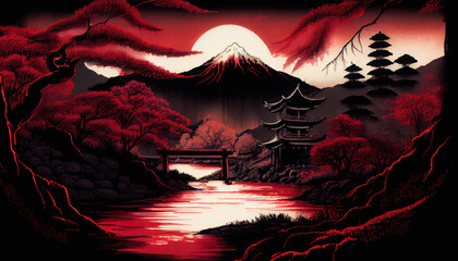 Wall Mural - Japanese mountain landscape sunset - By Generative AI