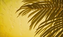  A Palm Leaf Casts A Shadow On A Yellow Wall In The Sunlight.  Generative Ai