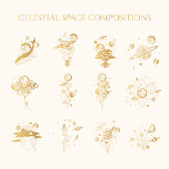 golden celestial space compositions isolated set. 12 hand drawn vector illustrations of mystical pla