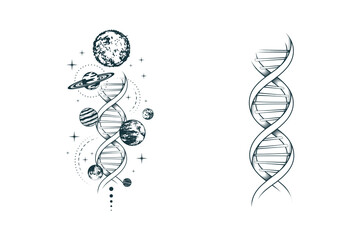 celestial space composition with planets, stars and dna. two mystical hand drawn vector illustration