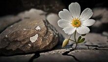 Soft Focus White Flower Growing In Cracked Stone, Hope Life Rebirth Resilience Symbol, Generate Ai