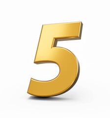 Sticker - 3D illustration of a golden number 5 on a white isolated background