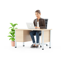3d cartoon man working on laptop at office